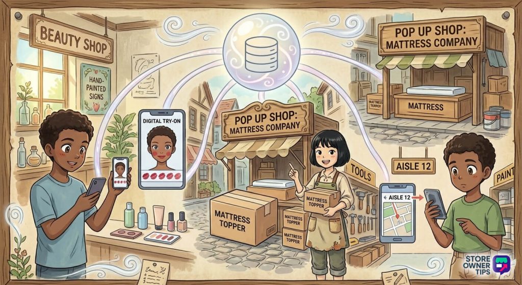 omnichannel-selling-real-world-industry-examples - Store Owner Tips Young shoppers use smartphones for digital try-on and indoor navigation while a friendly vendor sells mattress toppers at a bustling pop-up market.