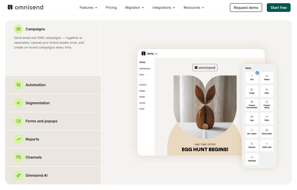 Omnisend dashboard showcasing email campaign editor with a beige-themed 'Egg Hunt Begins!' template, feature menu on left and element toolbar on right.