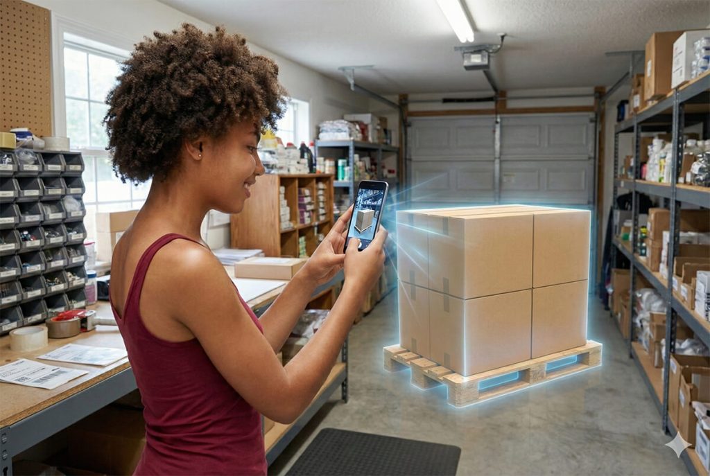 online-wholesale-future - Store Owner Tips A woman scans a stack of cardboard boxes on a pallet with her smartphone in a small warehouse, using augmented-reality overlay for inventory.