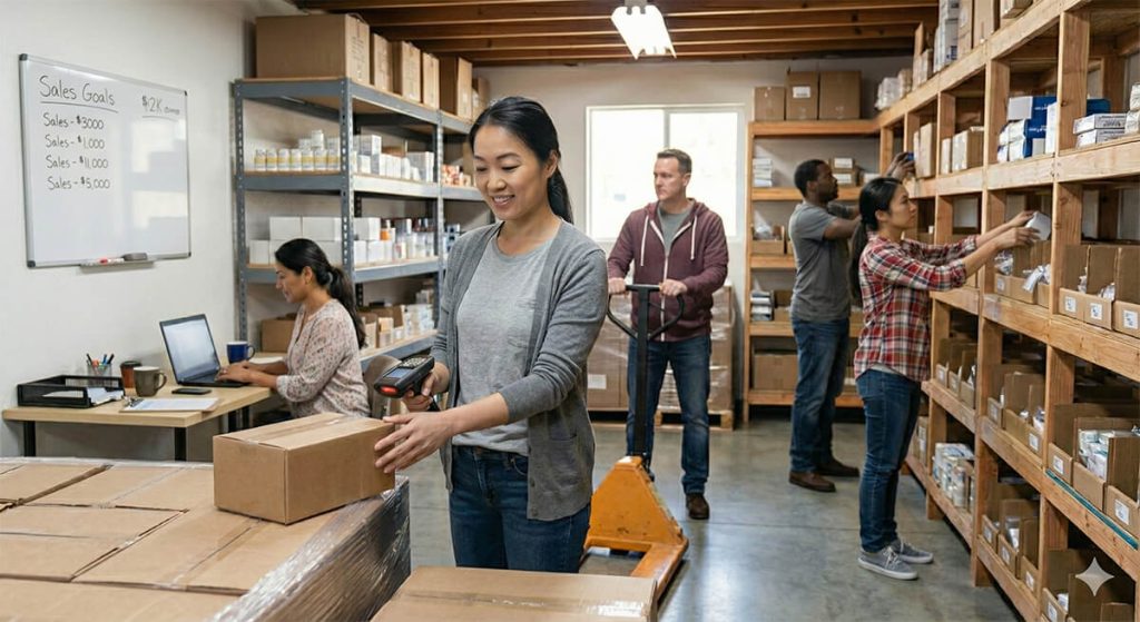 online-wholesale-modern-environment - Store Owner Tips A smiling woman scans a cardboard box at a small warehouse packing station while colleagues stock shelves and move pallets in the background.
