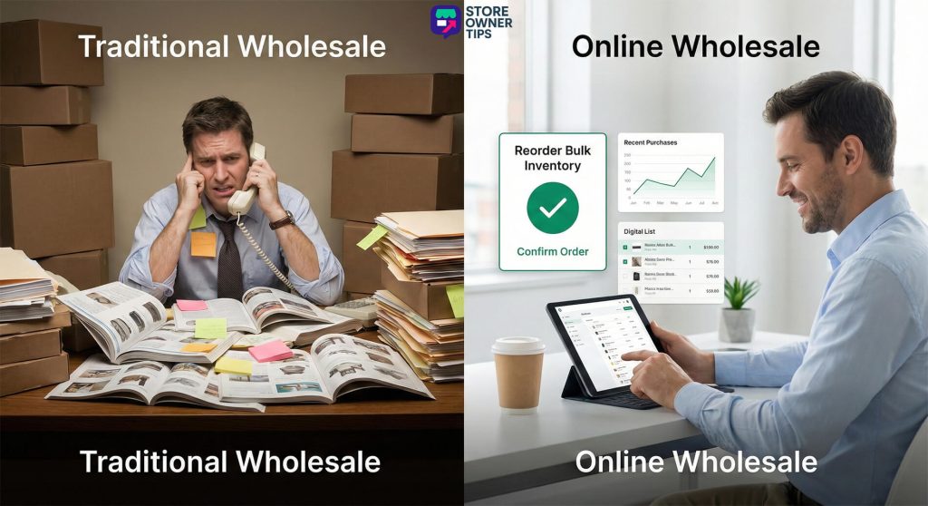 online-wholesale-versus-traditional-wholesale-revised - Store Owner Tips An illustration comparing manual traditional sales processes with automated online wholesale portals.