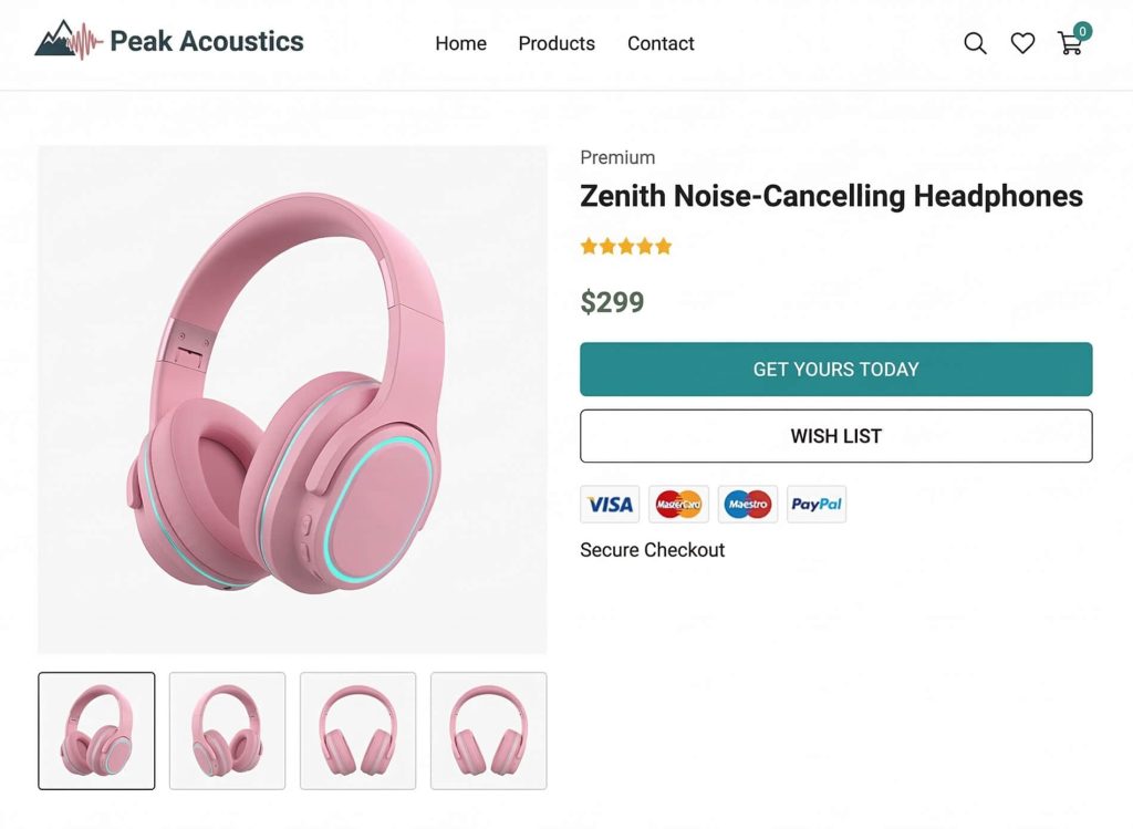 Pink over-ear Zenith noise-cancelling headphones displayed on an online product page with teal Get Yours Today button and 9 price.