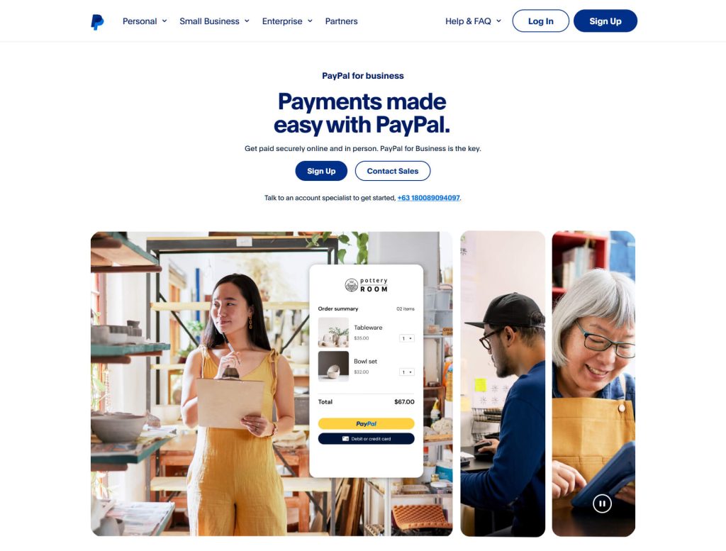 A small business scene: a woman in a yellow jumpsuit checks inventory in a pottery shop as a PayPal checkout overlay displays  total.