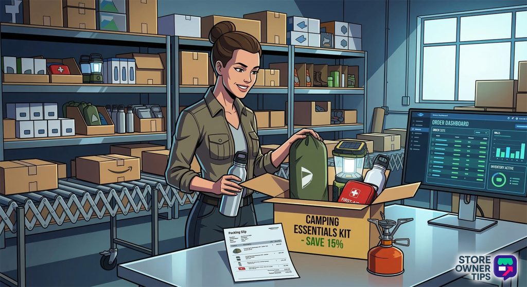 A store owner physically assembling and packaging a Camping Essentials Kit mixed bundle for shipment in a high-tech warehouse.