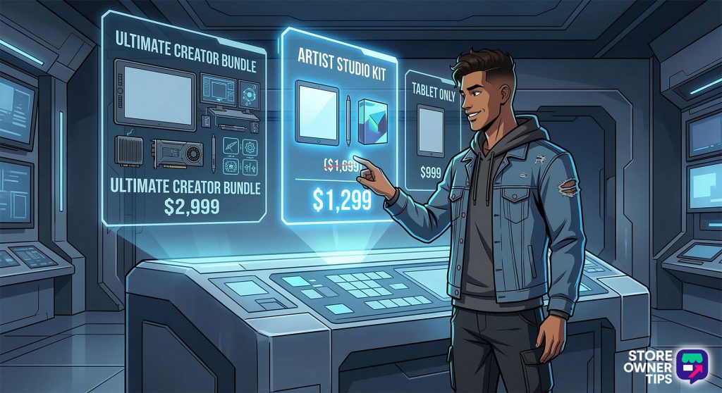 A shopper in a futuristic electronics store selecting a medium-priced 'Artist Studio Kit' bundle over an anchoring 'Ultimate Creator Bundle' on a holographic kiosk display.