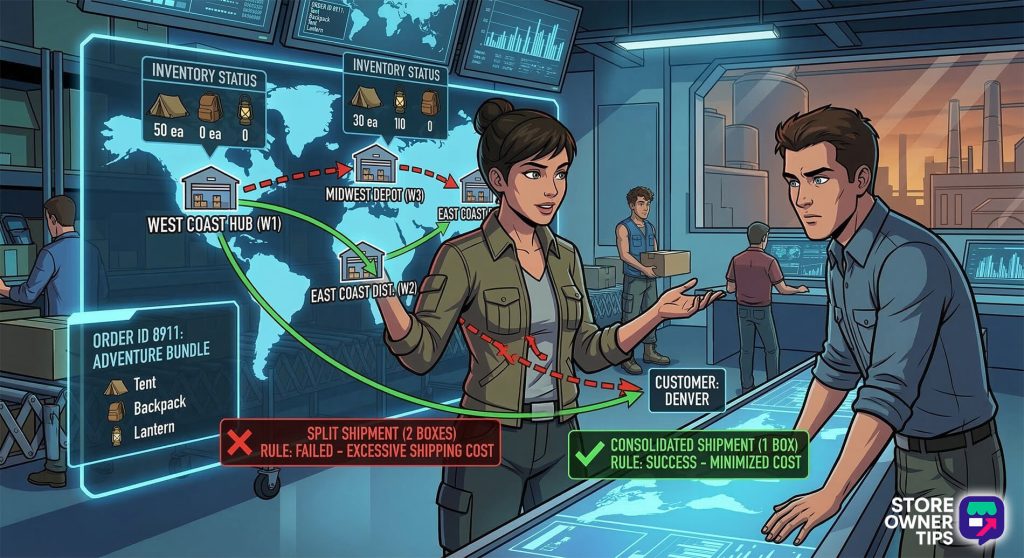 A logistics manager explains optimized shipping routes on a holographic world map to a colleague in a warehouse, planning consolidated delivery for Denver.