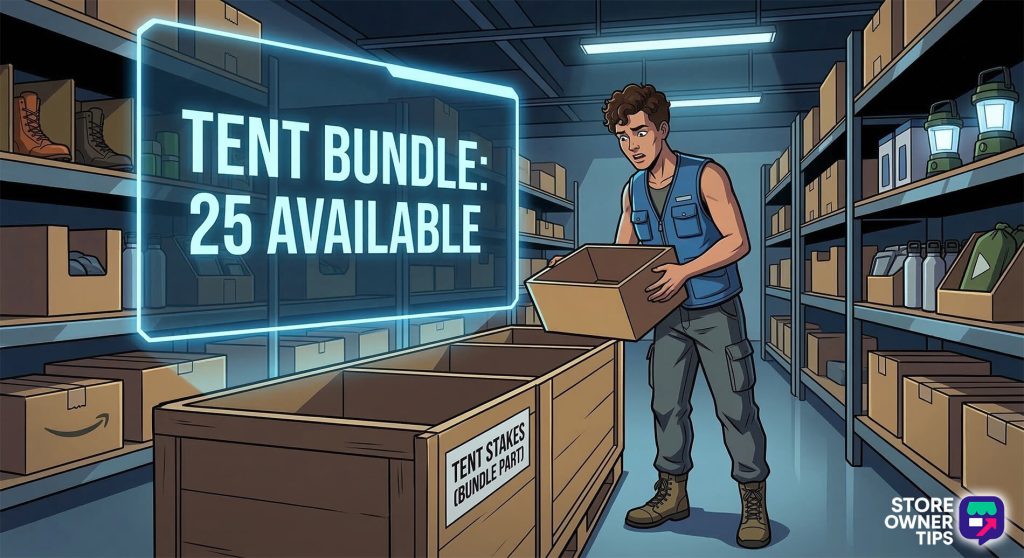 A perplexed warehouse worker in a blue utilitarian vest finding an empty part bin despite a glowing digital screen claiming 'Tent Bundle: 25 Available'.