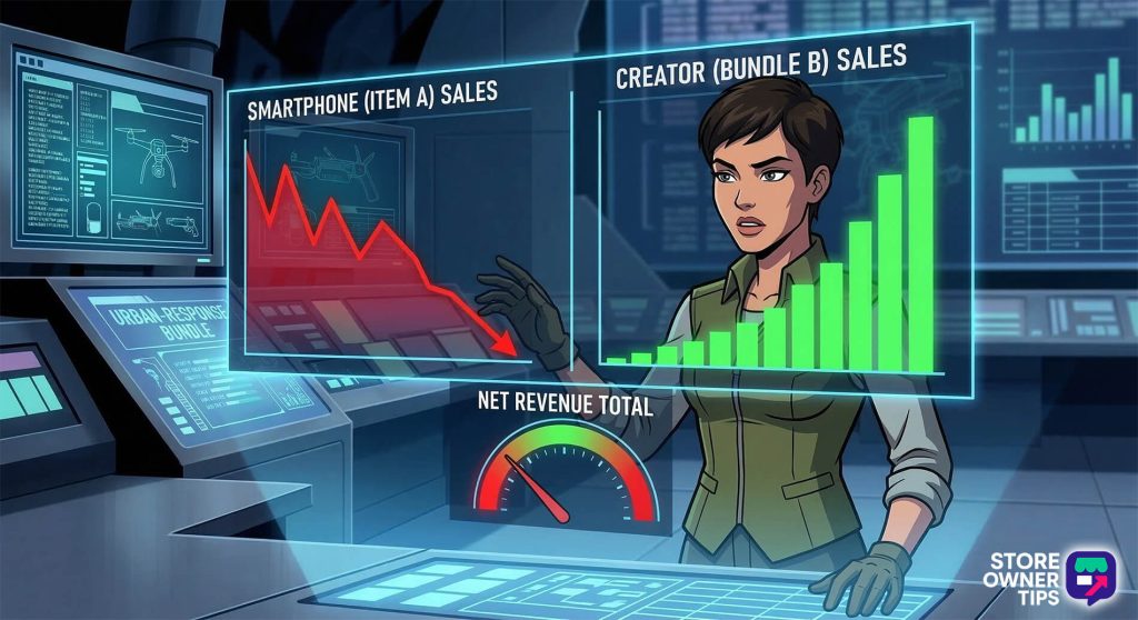 A focused analyst gestures at holographic dashboards showing plunging smartphone sales and surging creator bundle revenue in a futuristic control room.