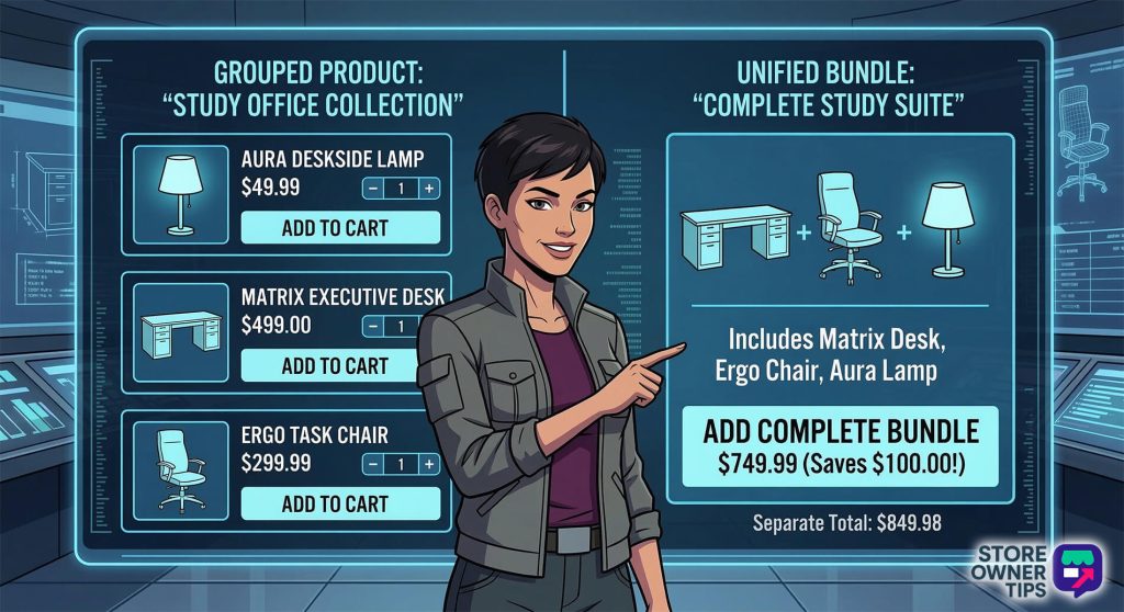 A shopper on a product page, contrasting a complex cart with separate items vs. a single uniform bundle purchase button.