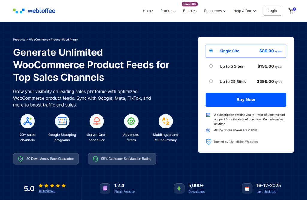 Webtoffee product page promoting a WooCommerce Product Feed plugin, featuring benefits, pricing options on right, and icons highlighting channels and features.