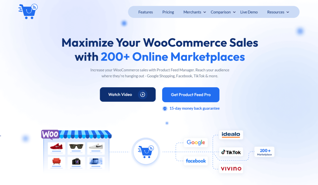 Hero web banner promoting WooCommerce product feed manager, blue-themed, showing integration with Google, Facebook, TikTok and 200+ marketplaces, with CTA buttons.