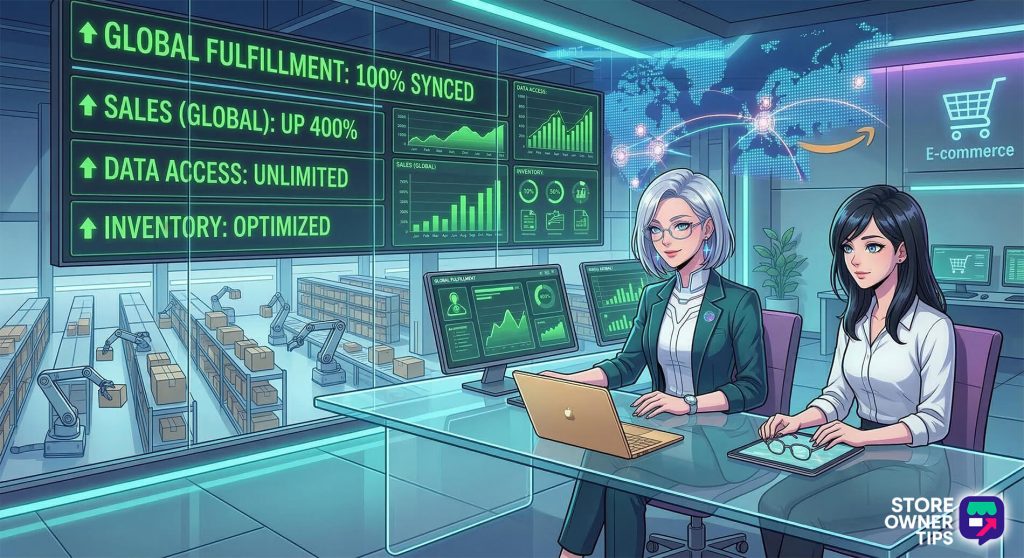 An anime merchant reviewing a successful omnichannel dashboard showing synchronized fulfillment and optimized global inventory.