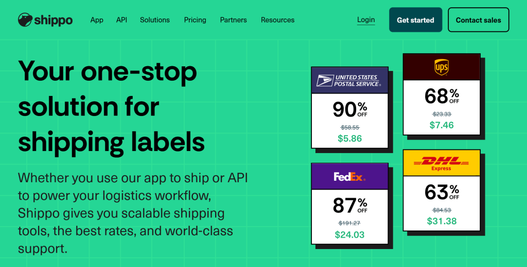 shippo - Store Owner Tips Shippo website hero showcasing bold green branding, headline about shipping labels and four discounted carrier rate cards for major couriers.