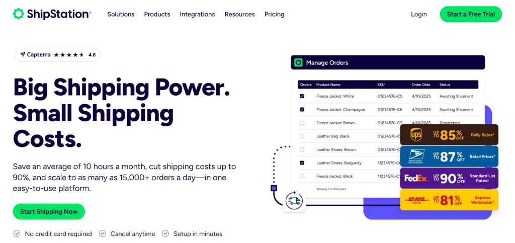 shipstation - Store Owner Tips ShipStation homepage hero showcasing a shipping management dashboard, headline promising lower costs, carrier discount badges, and a green 'Start Shipping Now' button.
