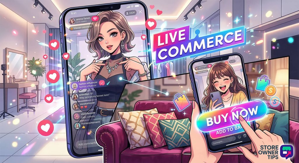 An anime-style visualization of a shopper purchasing an item directly within a social media app during a live stream.