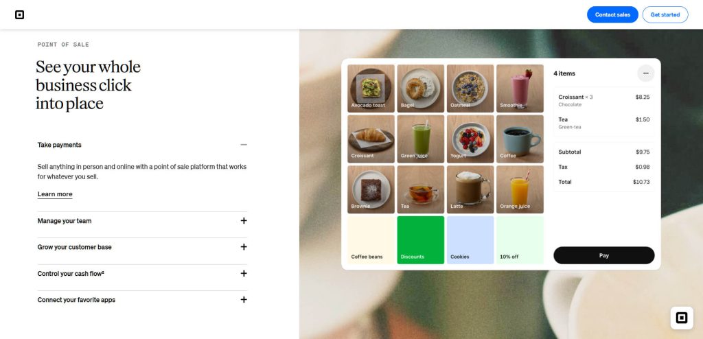 Webpage mockup showing a point-of-sale interface with product tiles of café items, an order summary panel, and a large promotional headline.