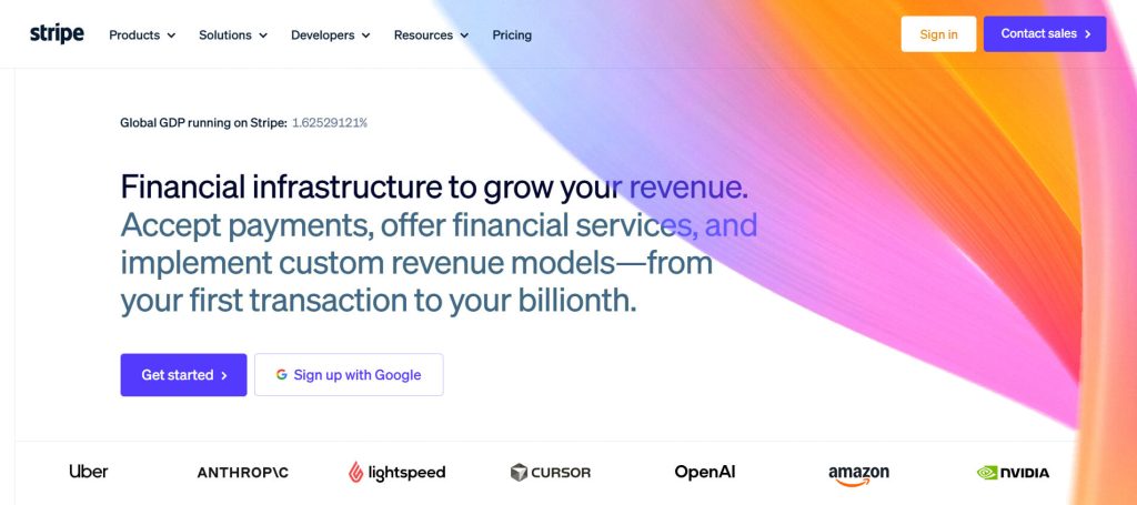 Stripe homepage hero promoting financial infrastructure to grow revenue, featuring bold headline, colorful abstract background, call-to-action buttons, and partner logos.