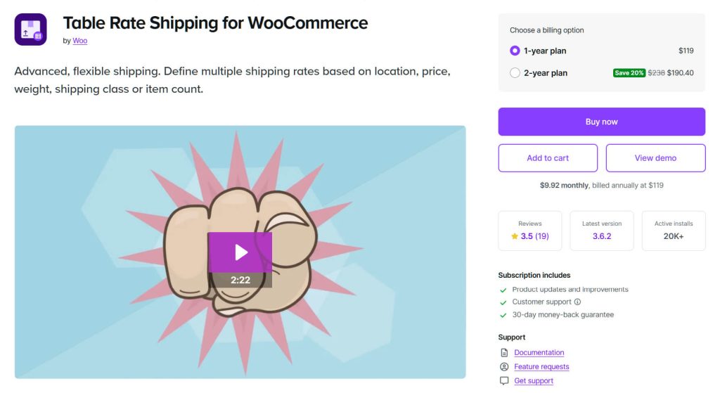 table-rate-shipping-for-woocommerce - Store Owner Tips WooCommerce Table Rate Shipping product page showing pricing options, purple 'Buy now' button, and a playful video thumbnail of a pointing fist.