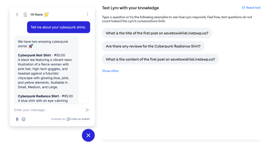 Chat interface displaying a user asking about cyberpunk shirts and the bot listing two neon-themed shirt descriptions with prices.