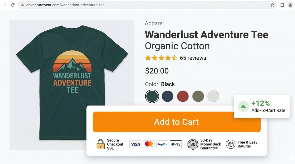 WooCommerce product page optimization showing a dark green 'Wanderlust Adventure' organic cotton tee with mountain sunset graphic, price  and prominent Add to Cart button.