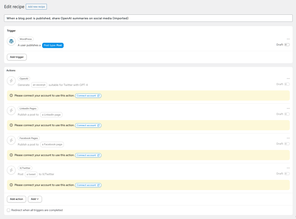 Screenshot of an automation recipe editor showing a WordPress trigger and OpenAI, LinkedIn, Facebook, X actions, each asking to connect accounts.