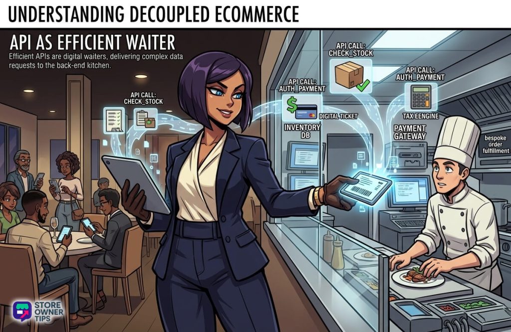 A close-up of a sophisticated waitstaff character in modern clothing, acting as an API, using a tablet to bridge the gap between patrons and a chef pass, handing over a digital ticket with floating data packets specifying specific complex math requests like 'CHECK_STOCK' and 'AUTH_PAYMENT'.