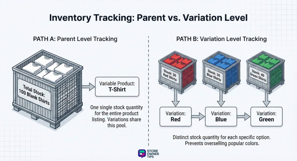 variable-products-inventory-tracking-revised2 - Store Owner Tips Crate labeled 'Total Stock: 100 Blank Shirts' represents parent-level inventory for a variable T-shirt, with one shared stock pool across variations.
