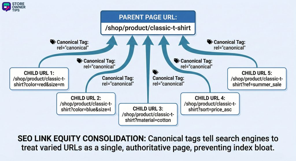 variable-products-parent-page-url-revision2 - Store Owner Tips Diagram showing multiple product variant child URLs using rel="canonical" tags pointing to a single parent product URL to consolidate SEO link equity.