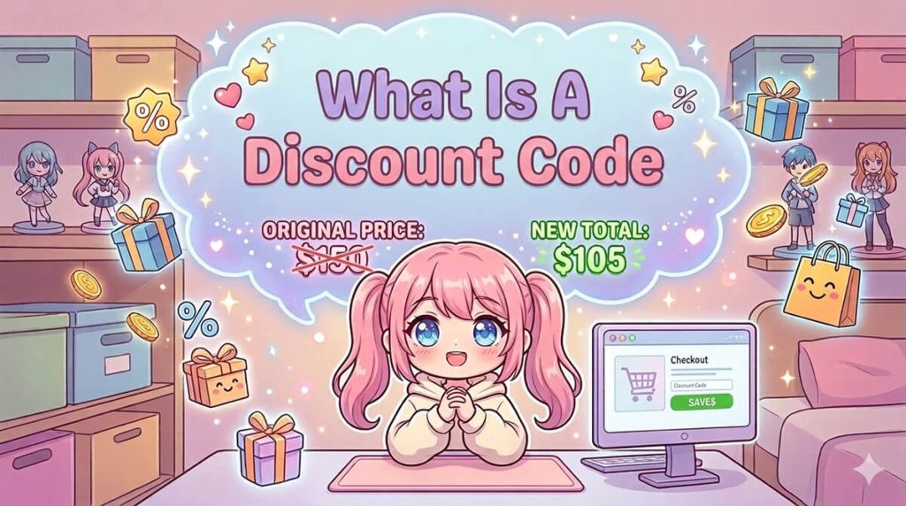 what-is-a-discount-code - Store Owner Tips Chibi anime girl at a computer with a floating sign reading 'What Is A Discount Code' and a price dropping from $150 to $105.