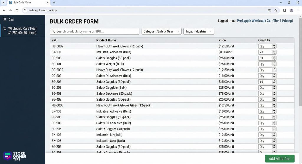 A searchable table format for bulk ordering multiple products at once.
