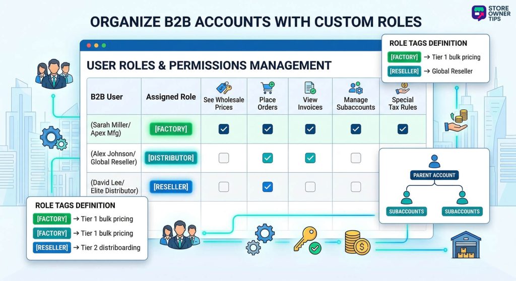 A backend dashboard view for managing different wholesale user roles and permissions.