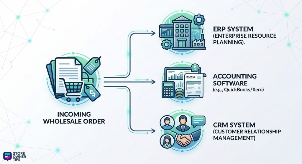 A flowchart diagram showing wholesale order data integrating with separate ERP, Accounting, and CRM systems.