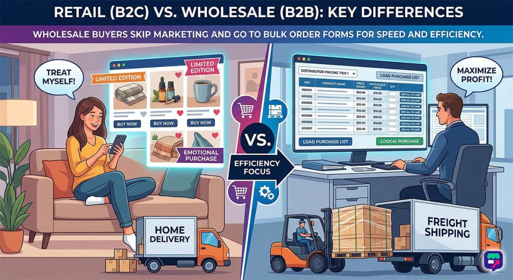 A visual comparison of a colorful retail shopping page versus a functional wholesale bulk order form.