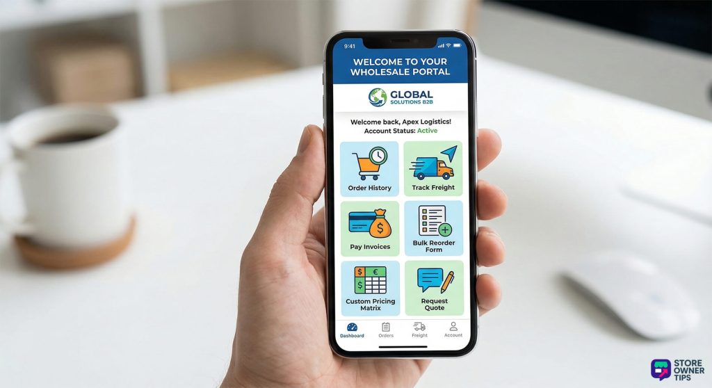 A mobile dashboard showing self-service options for wholesale business buyers.