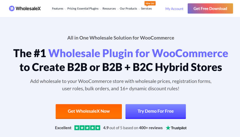 ion: WholesaleX hero promoting a WooCommerce wholesale plugin, highlighting B2B and B2B+B2C hybrid store features with call-to-action buttons.