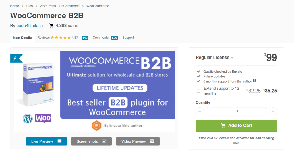 Screenshot of a WooCommerce B2B product page showing plugin title,  price, lifetime updates, and wholesale/B2B features on a marketplace.