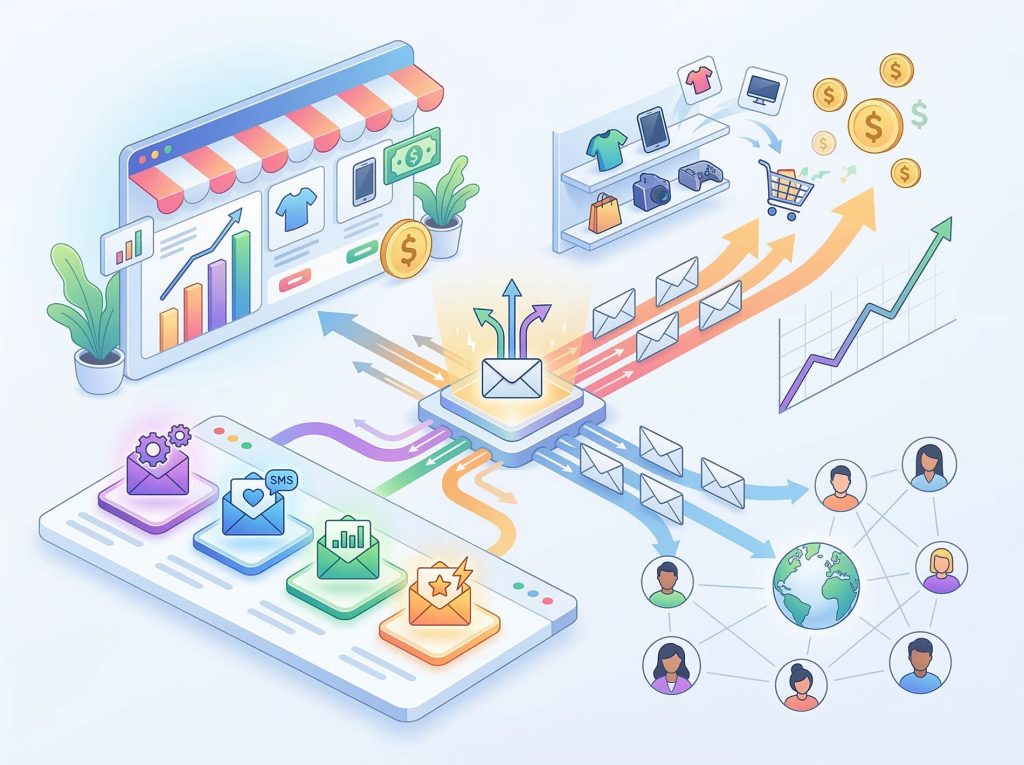 Central automated email hub distributing targeted marketing messages across channels to drive e-commerce sales, analytics, customer segments, and global audience growth.