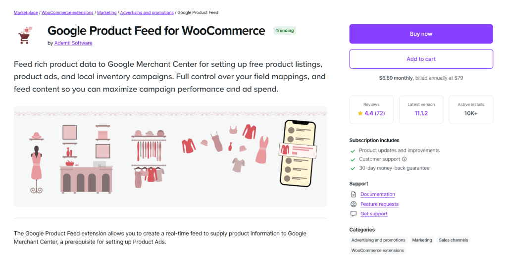 WooCommerce extension product page for 'Google Product Feed,' showing subscription options, rating, active installs, and an illustrative pink clothing store banner.