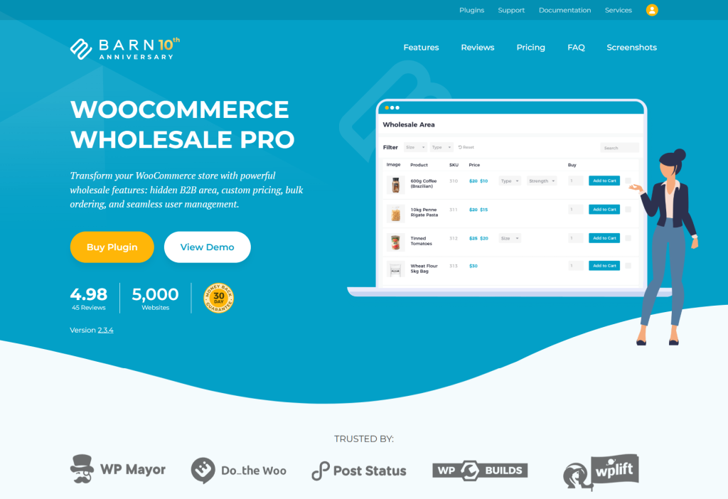 Bright blue landing page advertising WooCommerce Wholesale Pro plugin, showing a demo product list on a laptop and a businesswoman illustration.