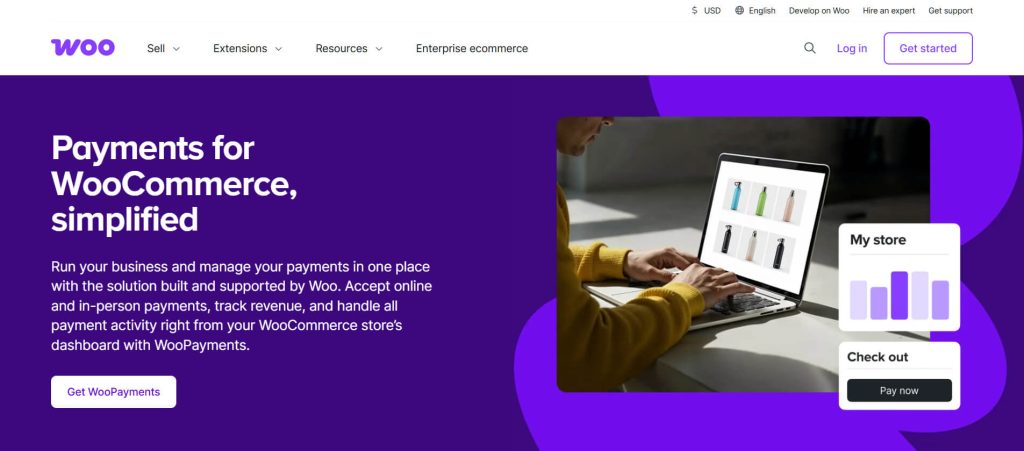 Person typing on a laptop displaying product thumbnails, surrounded by purple WooCommerce branding and pop-up widgets showing store analytics and checkout.