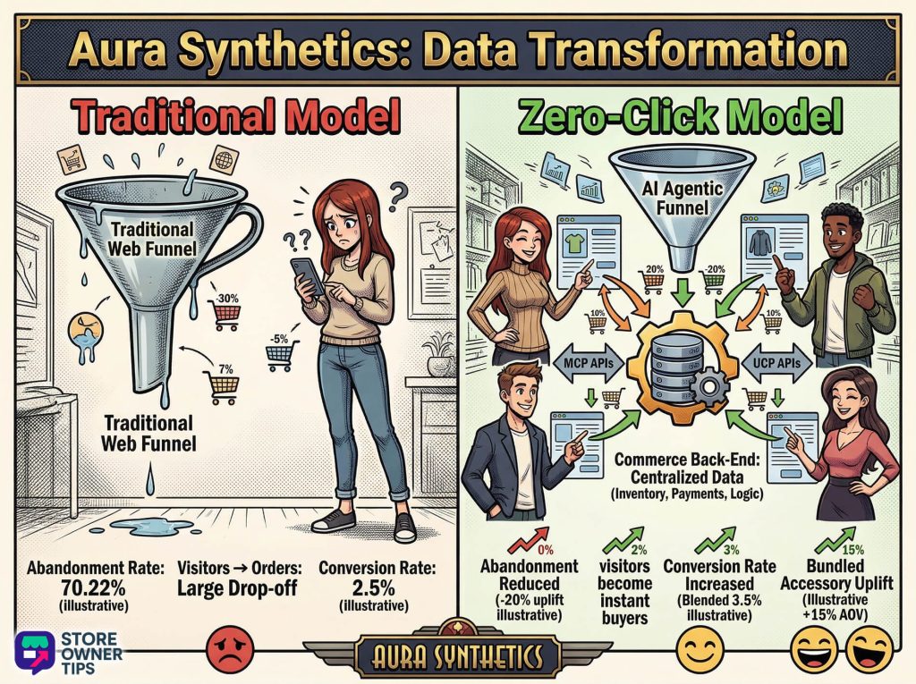 A 4:3 split-column illustrative infographic comparing traditional e-commerce data with high cart abandonment and slow speed on the left, against zero-click model data with reduced abandonment, increased conversion, and accessory uplifts on the right, complete with data numbers and happy vs. frowny characters.