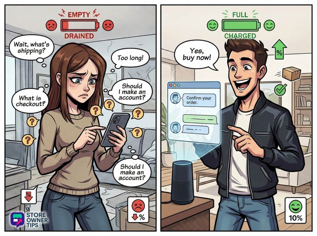 A comparison illustration showing a stressed shopper with a frowny "EMPTY" mental battery above their head on the left, vs. a joyful shopper with a happy "FULL" mental battery on the right, instantly buying shoes.