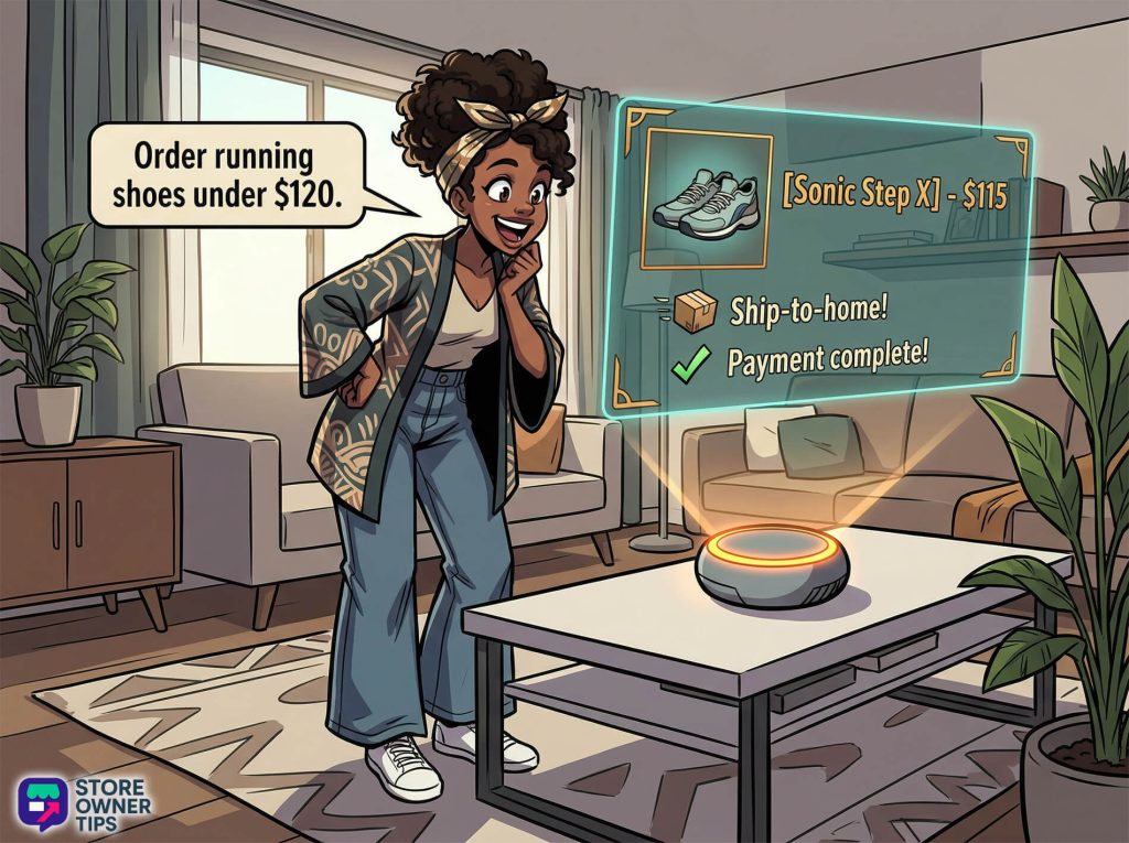 A joyful woman in a modern apartment uses her voice-activated smart speaker to instantly order running shoes with "Payment complete!" projected.