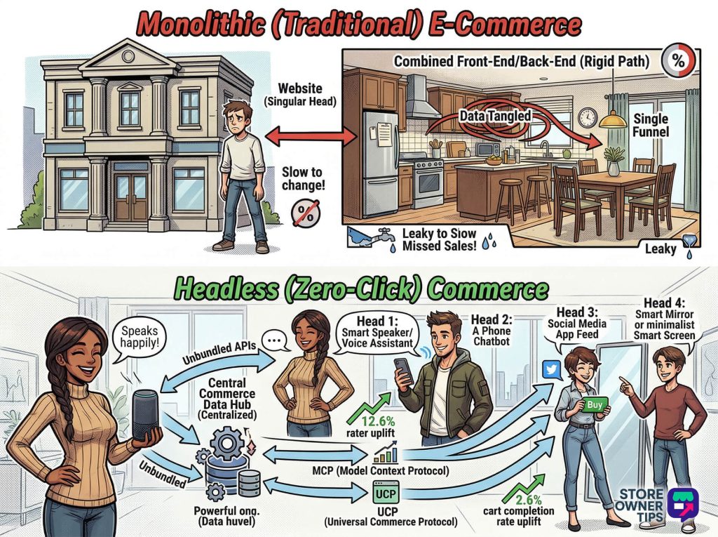 A 4:3 infographic comparing tangled, single-head monolithic e-commerce with frowny user vs. unbundled headless commerce connecting happy users on multiple devices to a clean centralized data hub.