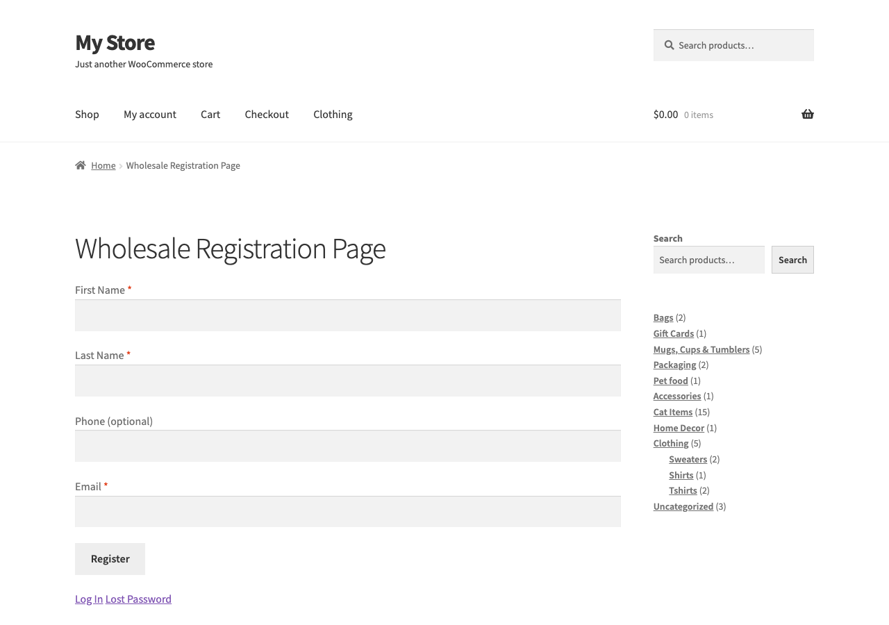 Wholesale Lead Capture registration form showing business information fields