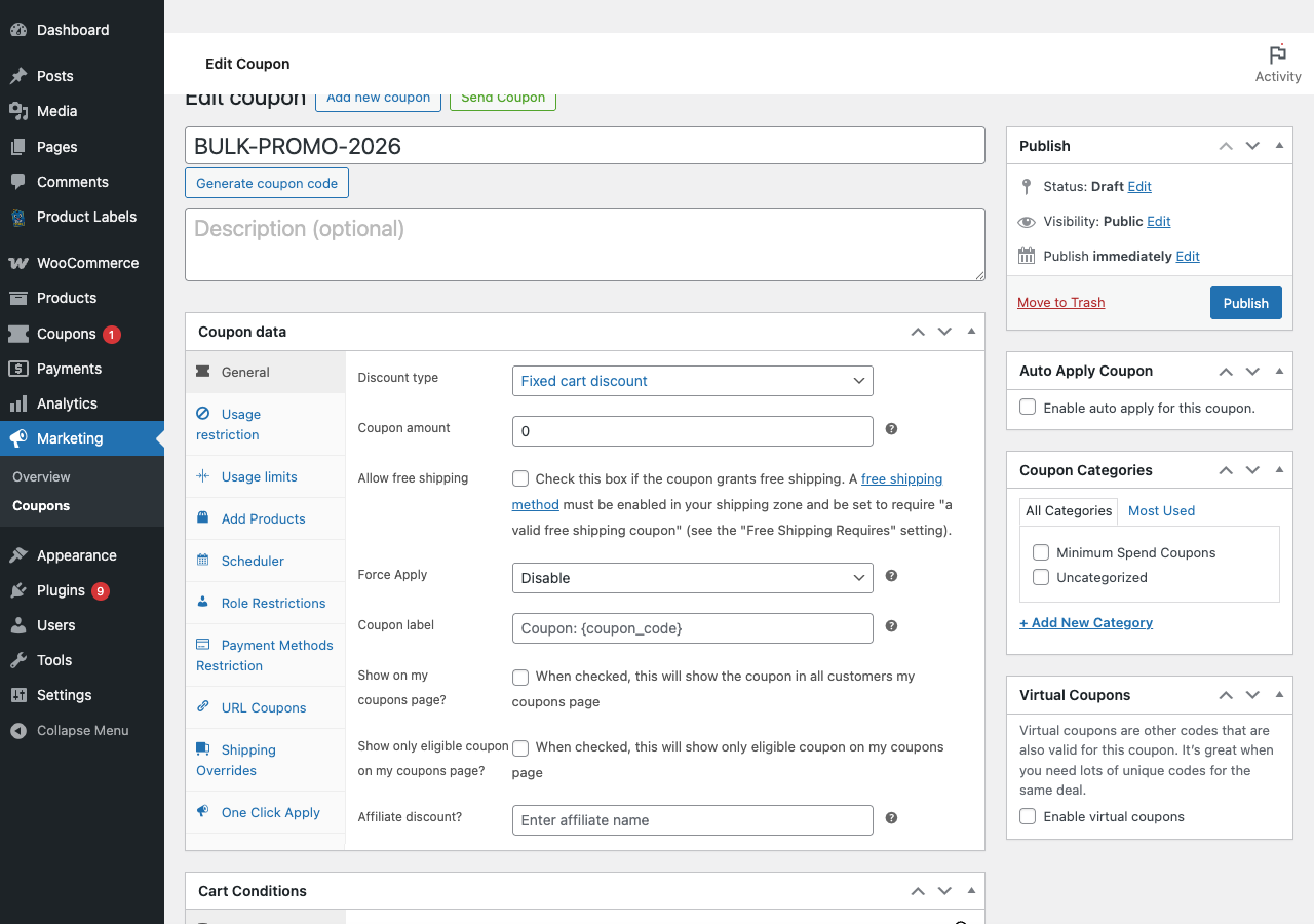Advanced Coupons conditional discount setup showing a spend-threshold coupon configuration