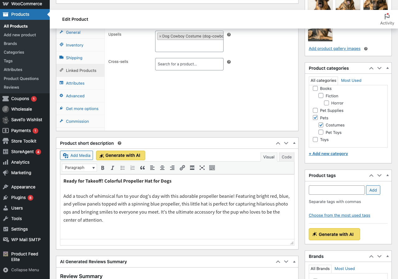 WooCommerce product editor showing the Linked Products tab with Upsells and Cross-sells fields