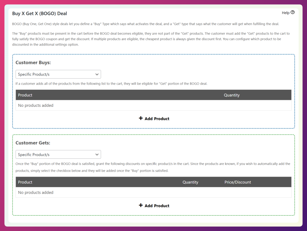 Advanced Coupons BOGO deal setup screen with customer buys and customer gets sections