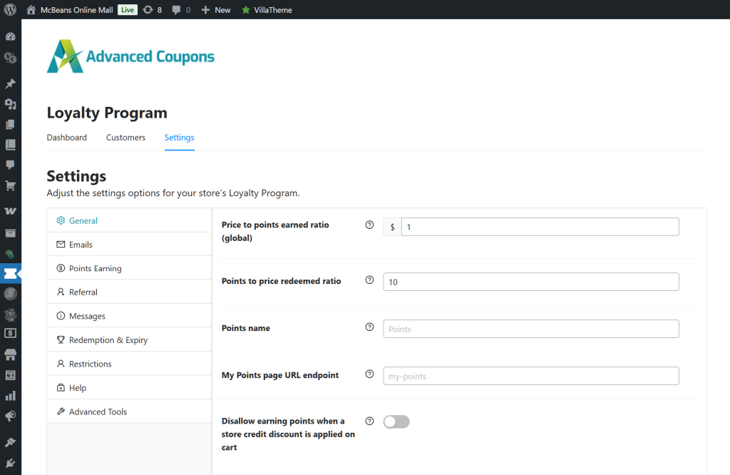 Advanced Coupons Loyalty Program settings screen in WordPress admin showing price-to-points ratio, points redemption rate, point name, and endpoint fields.