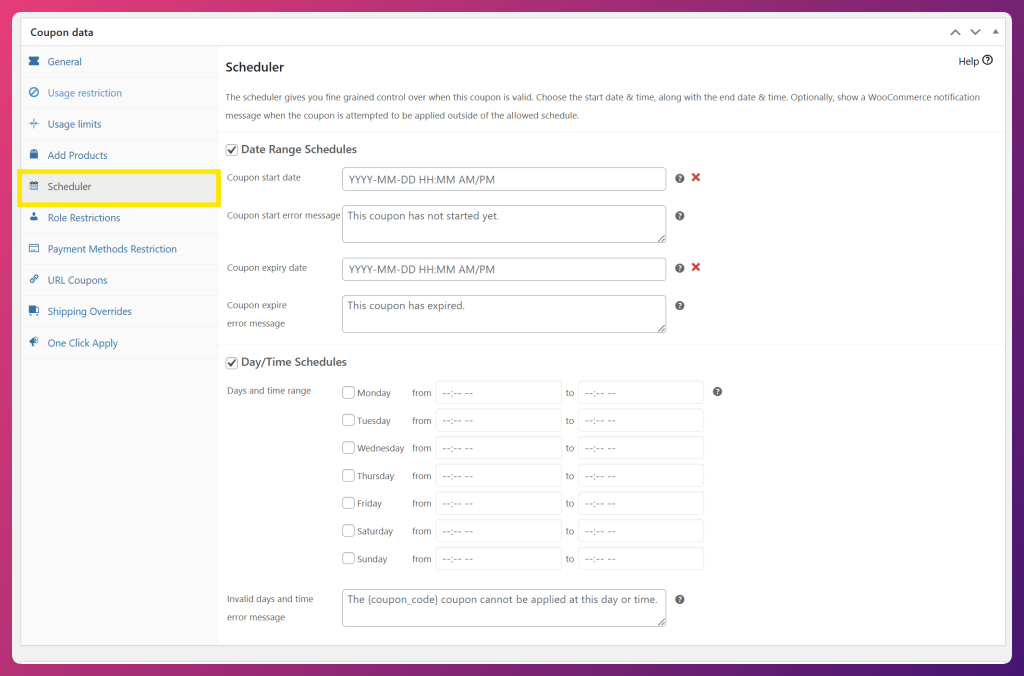 Advanced Coupons scheduler settings for coupon start date, expiry date, and day or time schedules